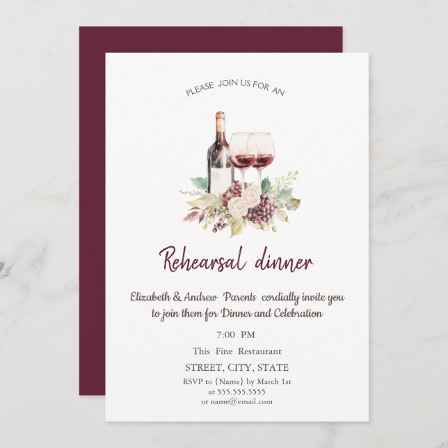  Flowers Burgundy Wine Grapes Rehearsal Dinner Invitation (Front/Back)