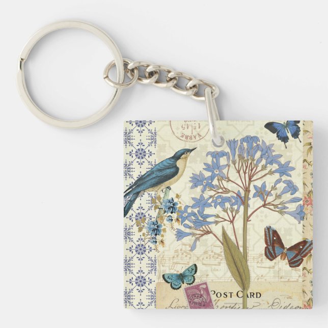 Flowers, Butterflies, and Bird Collage Key Ring (Front)