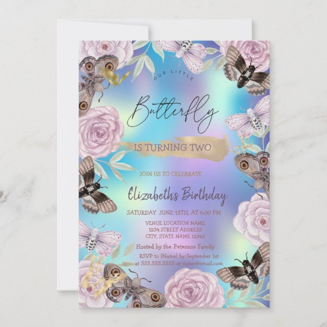  Flowers Butterflies Holographic Birthday Invitation (Front)
