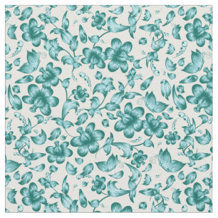 Flowers Butterflies Spring Floral Teal on White Fabric