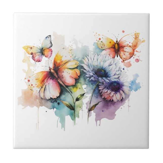 Flowers Butterflies Watercolor Purple Yellow Blue  Ceramic Tile (Front)