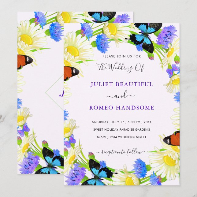 Flowers Butterflies Wedding Invitation Template (Front/Back)