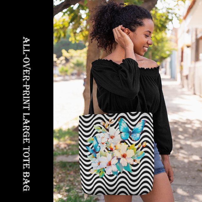 Flowers & Butterfly Black & White Wavy Stripes Tote Bag (Flowers & Butterfly Black & White Wavy Stripes Tote Bag, all-over-print, tote bag, shopping bag,)