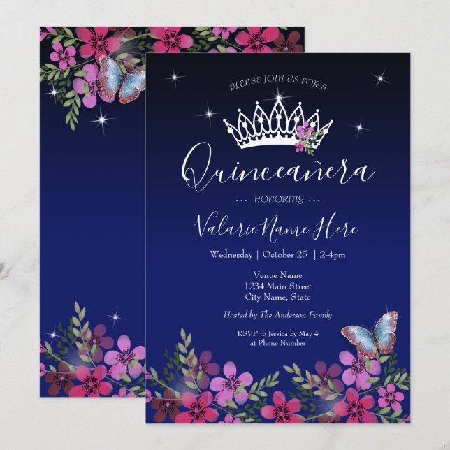 Flowers Butterfly Quinceanera Budget Invitation (Front/Back)