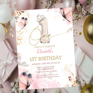  Flowers Butterfly Striped Chic 1s Birthday Invitation