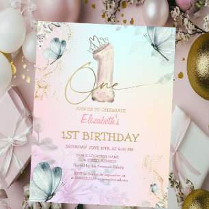 Flowers Butterfly Striped Colourful 1s Birthday Invitation