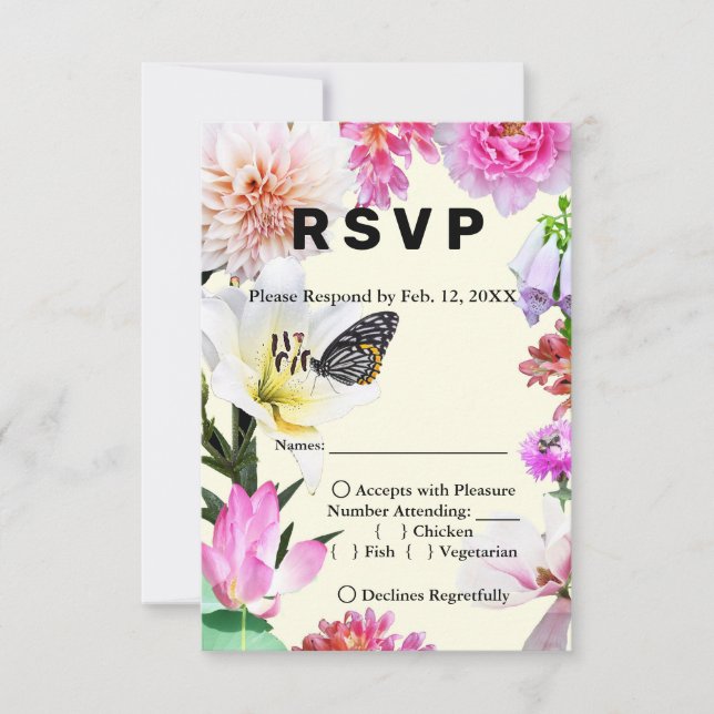 Flowers & Butterfly Watercolor Wedding RSVP & Menu (Front)