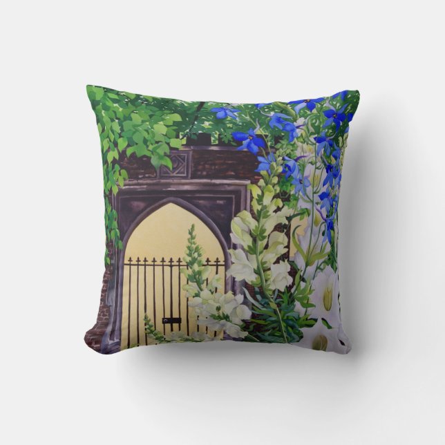 Flowers by a sunlit gateway 2008 cushion (Front)