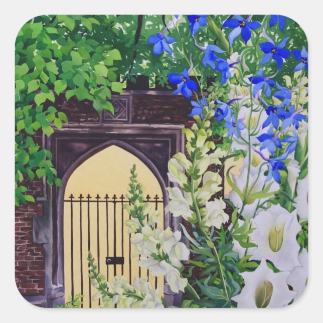 Flowers by a sunlit gateway 2008 square sticker (Front)