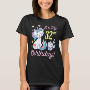 Flowers Cat 32 Years Old Happy Day Me It's My 32nd T-Shirt