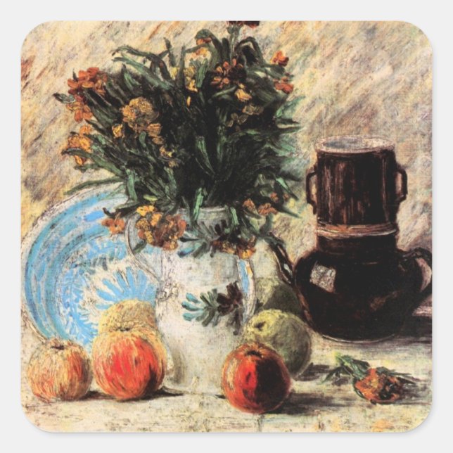 Flowers, Coffeepot and Fruit by Vincent van Gogh Square Sticker (Front)