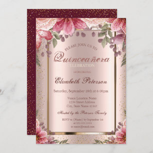 Flowers Confetti Rose Gold,Burgundy  Quinceañera Invitation