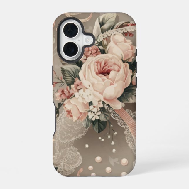 Flowers Coquette Pattern Muted Tones iPhone 16 Case (Back)