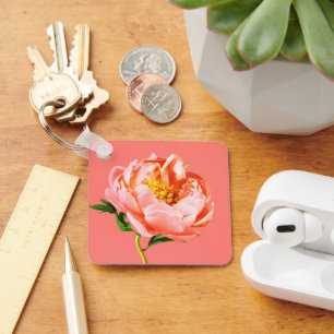 Flowers   Coral Peony Blossom Key Ring