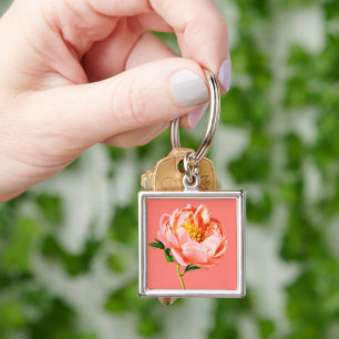 Flowers   Coral Peony Blossom Key Ring