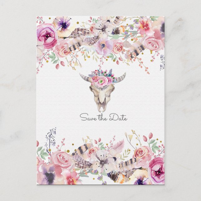 Flowers & Cow Skull Country Rustic Save The Date Announcement Postcard (Front)