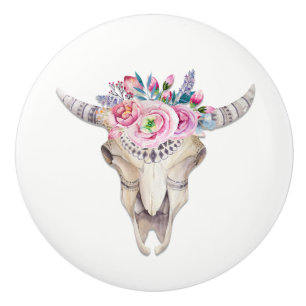 Flowers & Cow Skull Rustic Country Glam Ceramic Knob