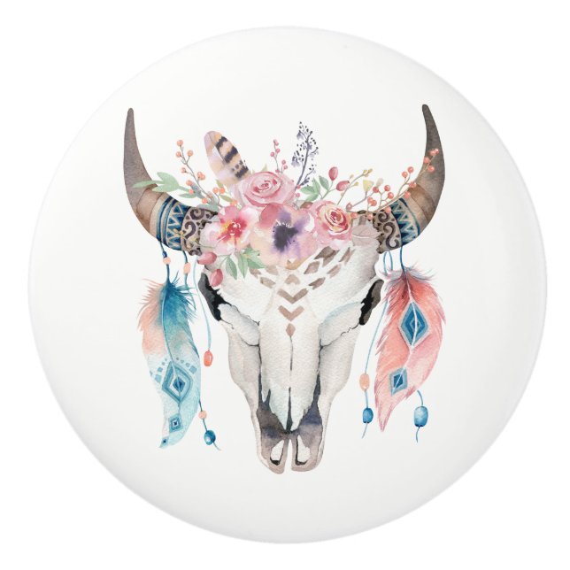 Flowers & Cow Skull Rustic Country Glam feather Ceramic Knob (Front)