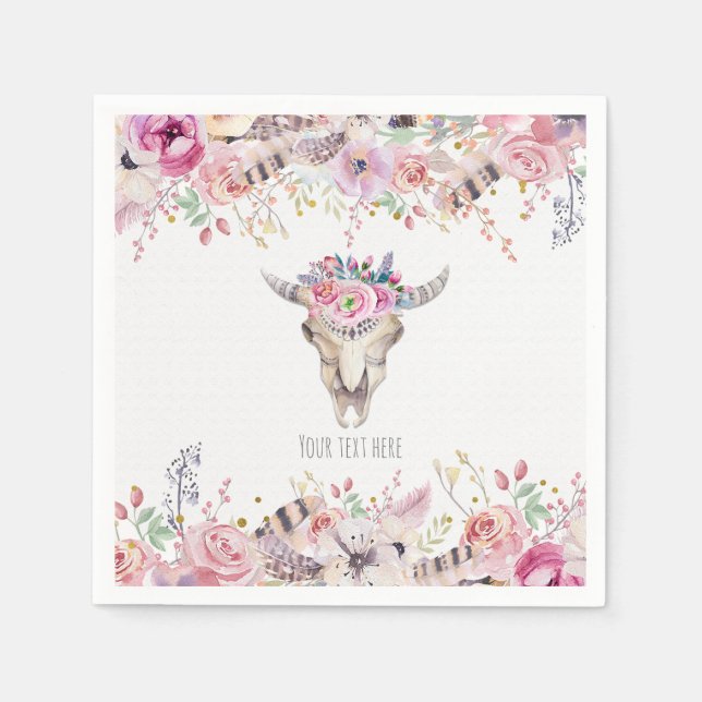 Flowers & Cow Skull Rustic Country Glam Party Napkin (Front)