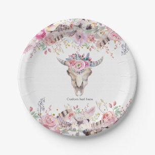 Flowers & Cow Skull Rustic Country Glam Party Paper Plate