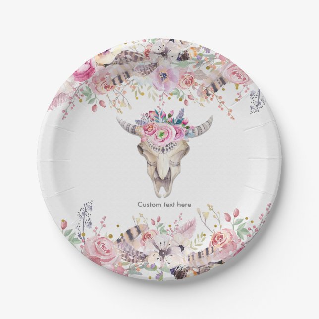 Flowers & Cow Skull Rustic Country Glam Party Paper Plate (Front)