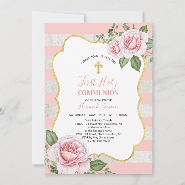 Flowers & Cross | Girl First Holy Communion Invitation (Front)