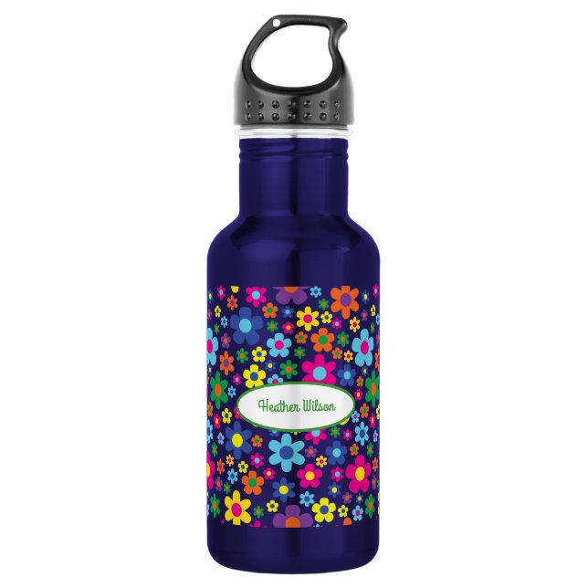 Flowers Cute Kids Water Bottle with Name (Front)