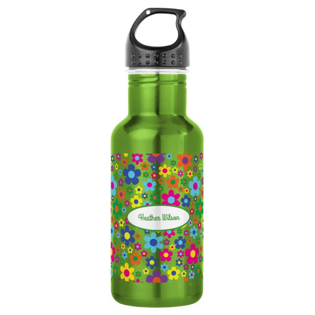 Flowers Cute Kids Water Bottle with Name Green (Front)