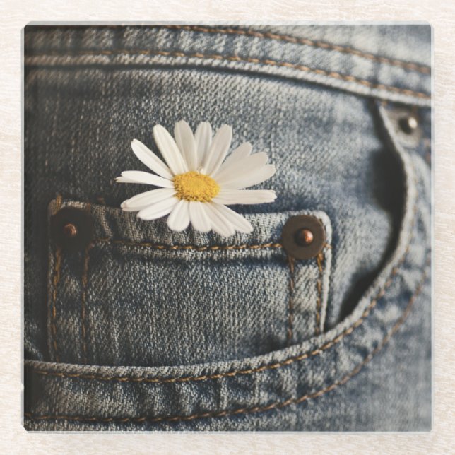 Flowers | Daisy in Jeans Pocket Glass Coaster (Front)