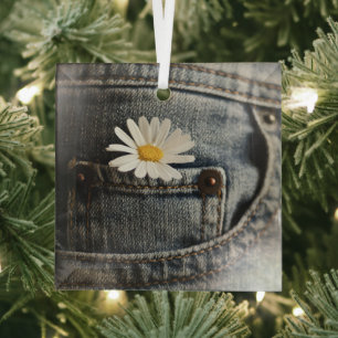 Flowers   Daisy in Jeans Pocket Glass Tree Decoration