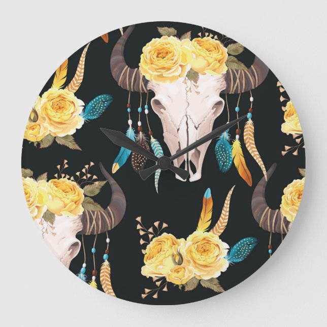 Flowers Decorated Buffalo Skull Seamless Large Clock (Front)
