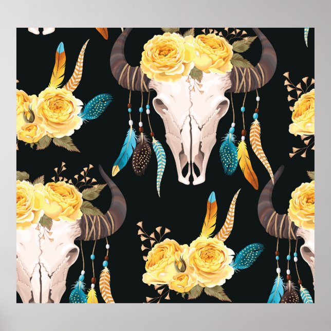 Flowers Decorated Buffalo Skull Seamless Poster (Front)