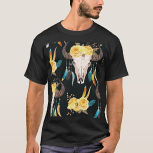 Flowers Decorated Buffalo Skull Seamless T-Shirt
