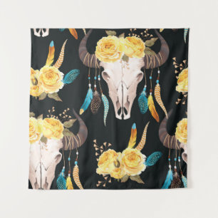 Flowers Decorated Buffalo Skull Seamless Tapestry