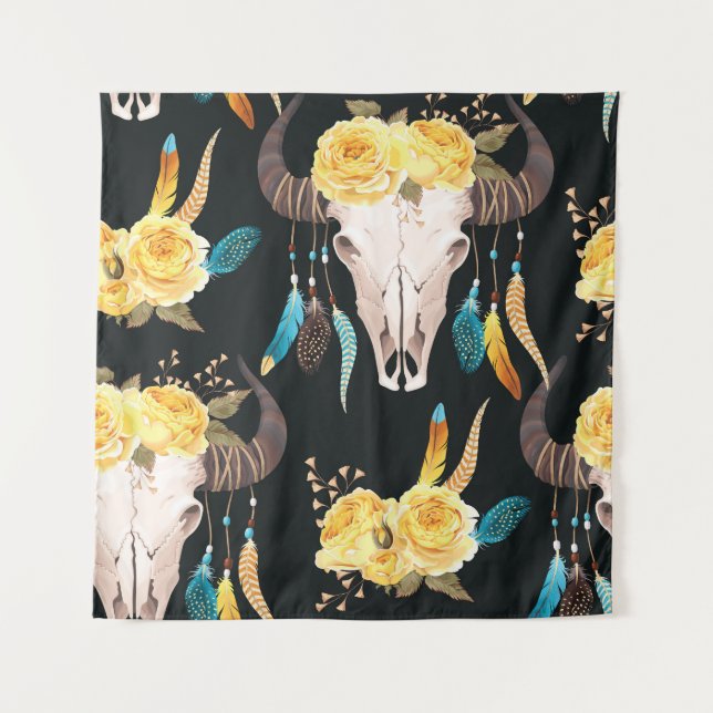 Flowers Decorated Buffalo Skull Seamless Tapestry (Front)