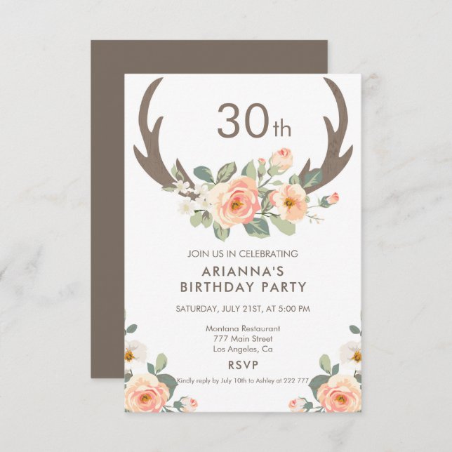 Flowers & Deer Antlers Birthday Invitation (Front/Back)