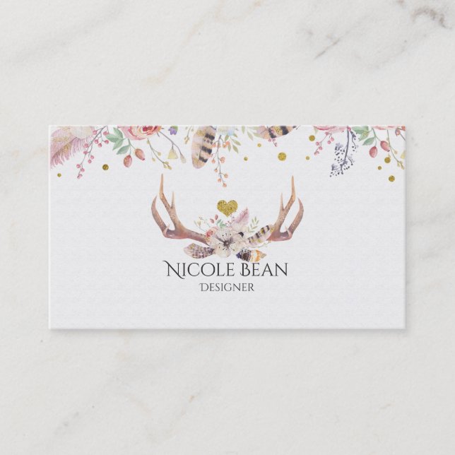 Flowers & Deer Antlers Boho Chic Glam Business Card (Front)
