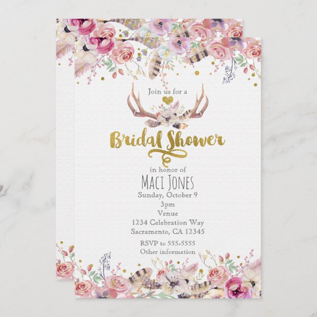 Flowers & Deer Antlers Bridal Shower Invitations (Front/Back)