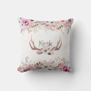 Flowers & Deer Antlers Rustic Farmhouse Chic Cushion