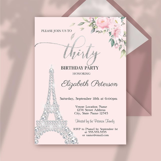 Flowers, Diamonds Eiffel Tower 30th Birthday Invitation (Creator Uploaded)