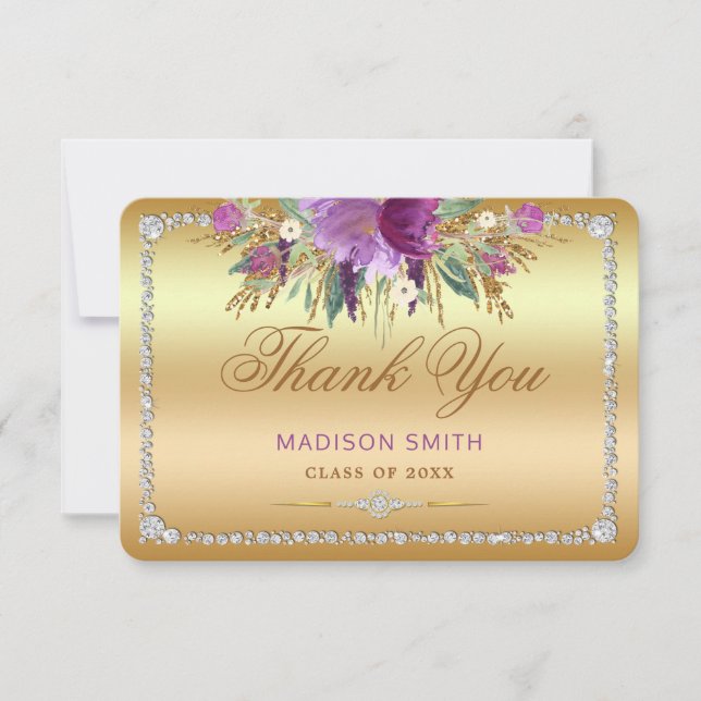 Flowers Diamonds Graduation Thank You Gold Announcement (Front)