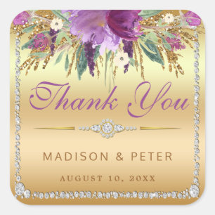 Flowers Diamonds Wedding Thank You Gold Square Sticker