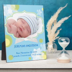 Flowers & Dots New Baby Boy Birth Photo Plaques