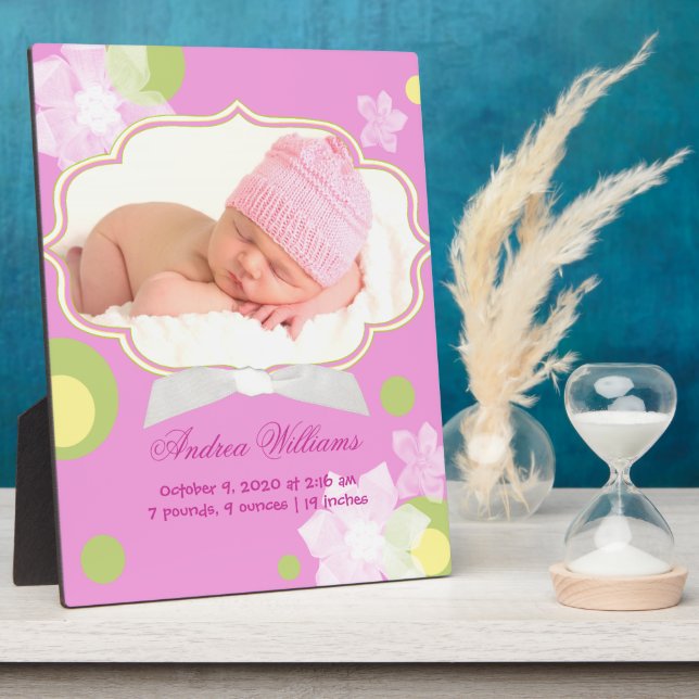 Flowers & Dots New Baby Girl Birth Photo Plaques (Side)