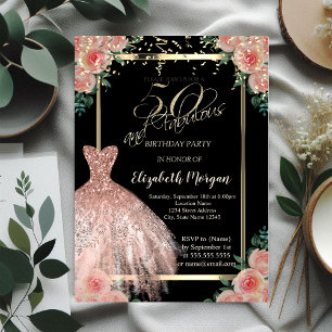 Flowers,Dress,Confetti Rose Gold 50th Birthday Invitation