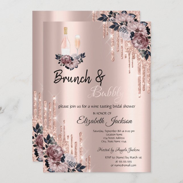 Flowers,  Drips Brunch & Bubbly Bridal Shower  Invitation (Front/Back)