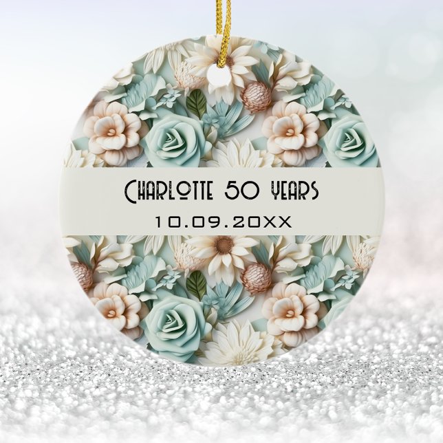 Flowers dusty green cream birthday name ceramic ornament (Creator Uploaded)