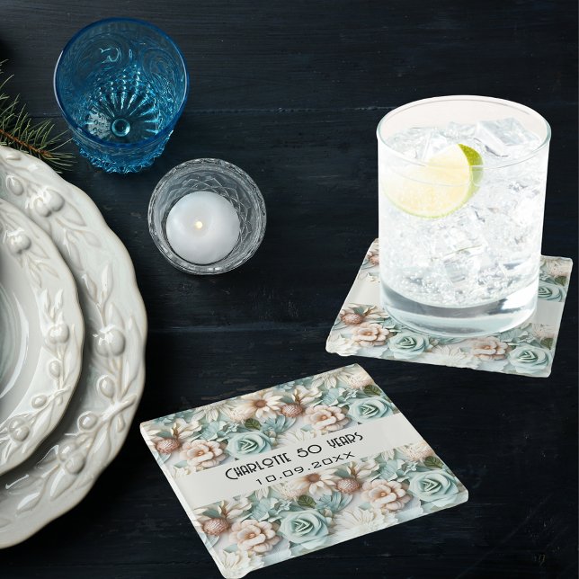 Flowers dusty green cream birthday name glass coaster (Creator Uploaded)