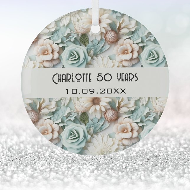 Flowers dusty green cream birthday name glass tree decoration (Creator Uploaded)