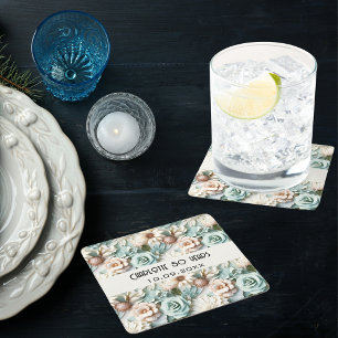 Flowers dusty green cream birthday name square paper coaster